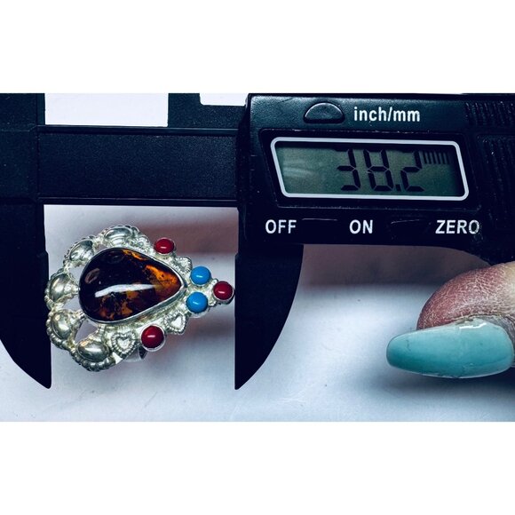 925 Sterling Silver Statement Ring Amber Turquoise Coral Inlay Size 8 Estate - Picture 8 of 11